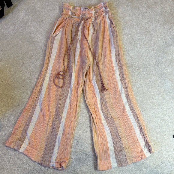 Free People Pants - Free People Orange Striped Cropped Linen Blend Trousers Size XS